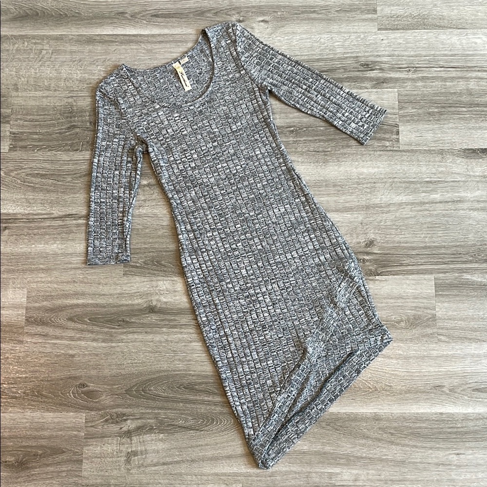 Feathers Gray Asymmetrical Ribbed Long Sleeve Bodycon Dress